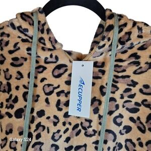 ECUPPER Women Leopard‎ Print Plush Hoodie Gray Bottom Long Sleeve Cozy M